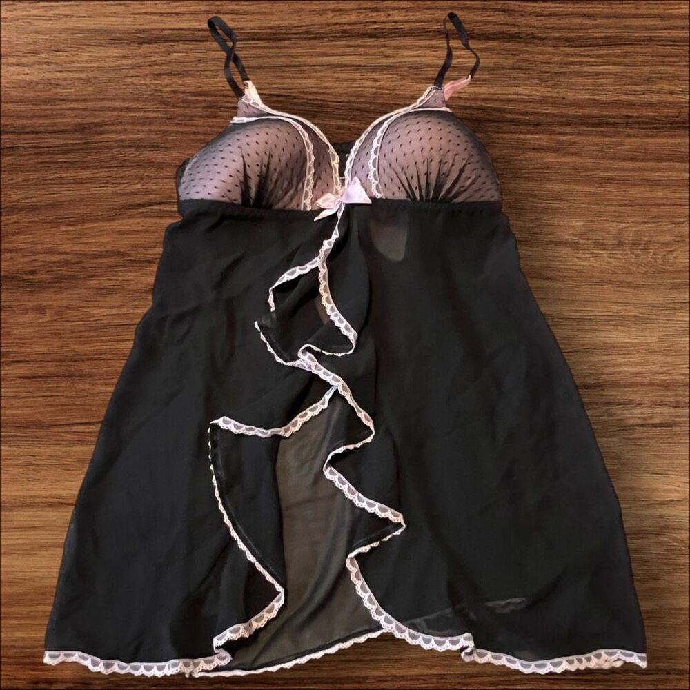 Apt. 9 Intimates Black Pink Sheer Ruffle Babydoll Lingerie Size M